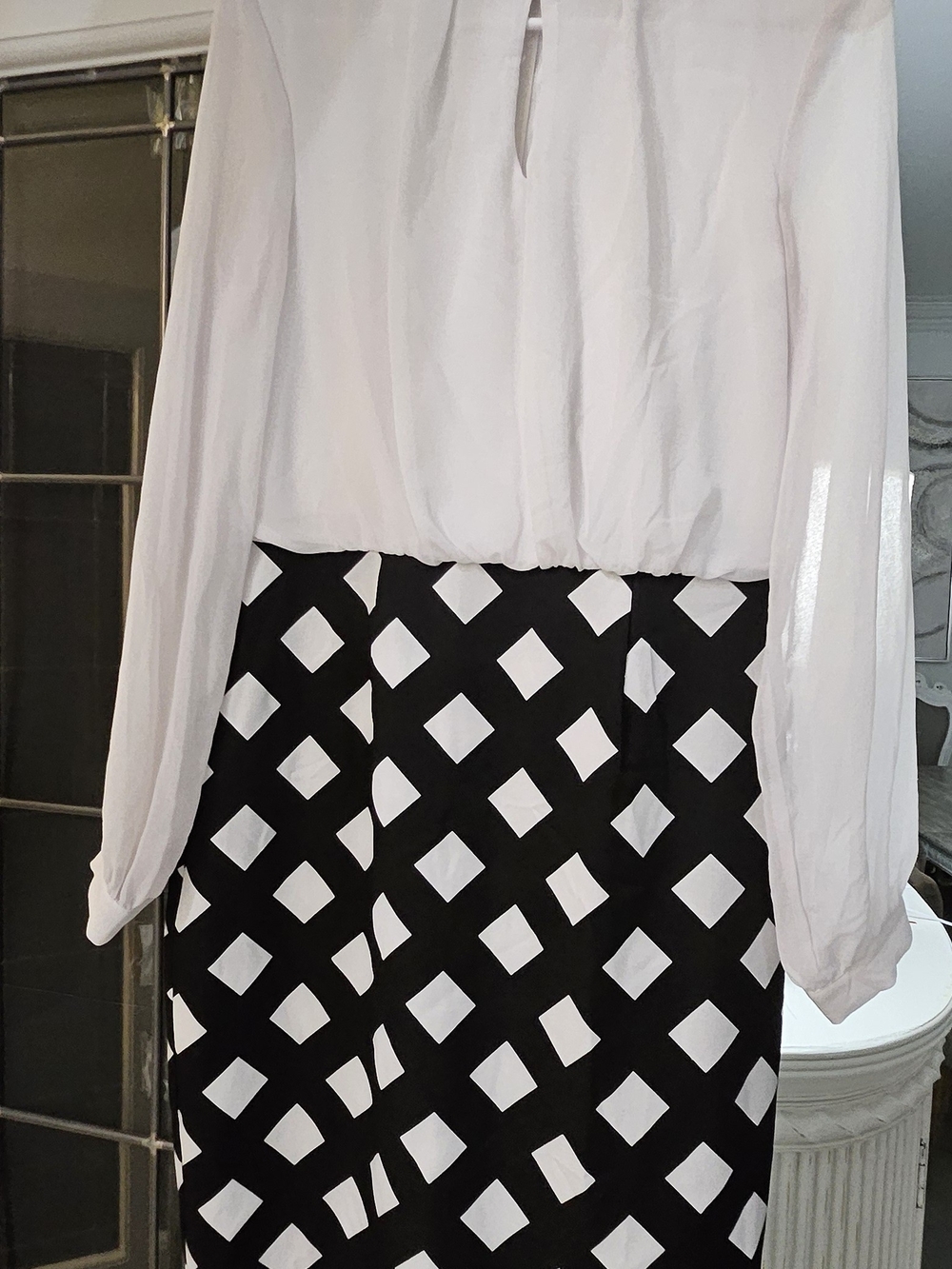 Black and White Geometric Midi Dress with Sheer Long Sleeve Top
